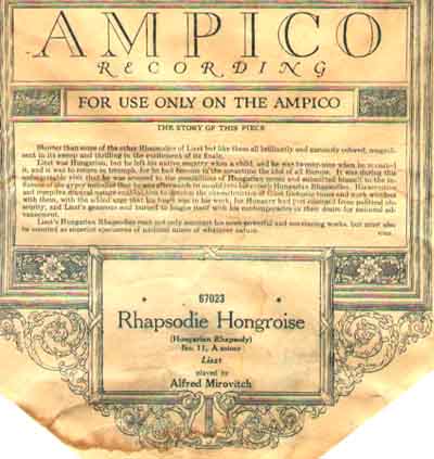 An Ampico Reproducing roll leader.  "Hungarian Rhapsody";  Roll dated January 1927